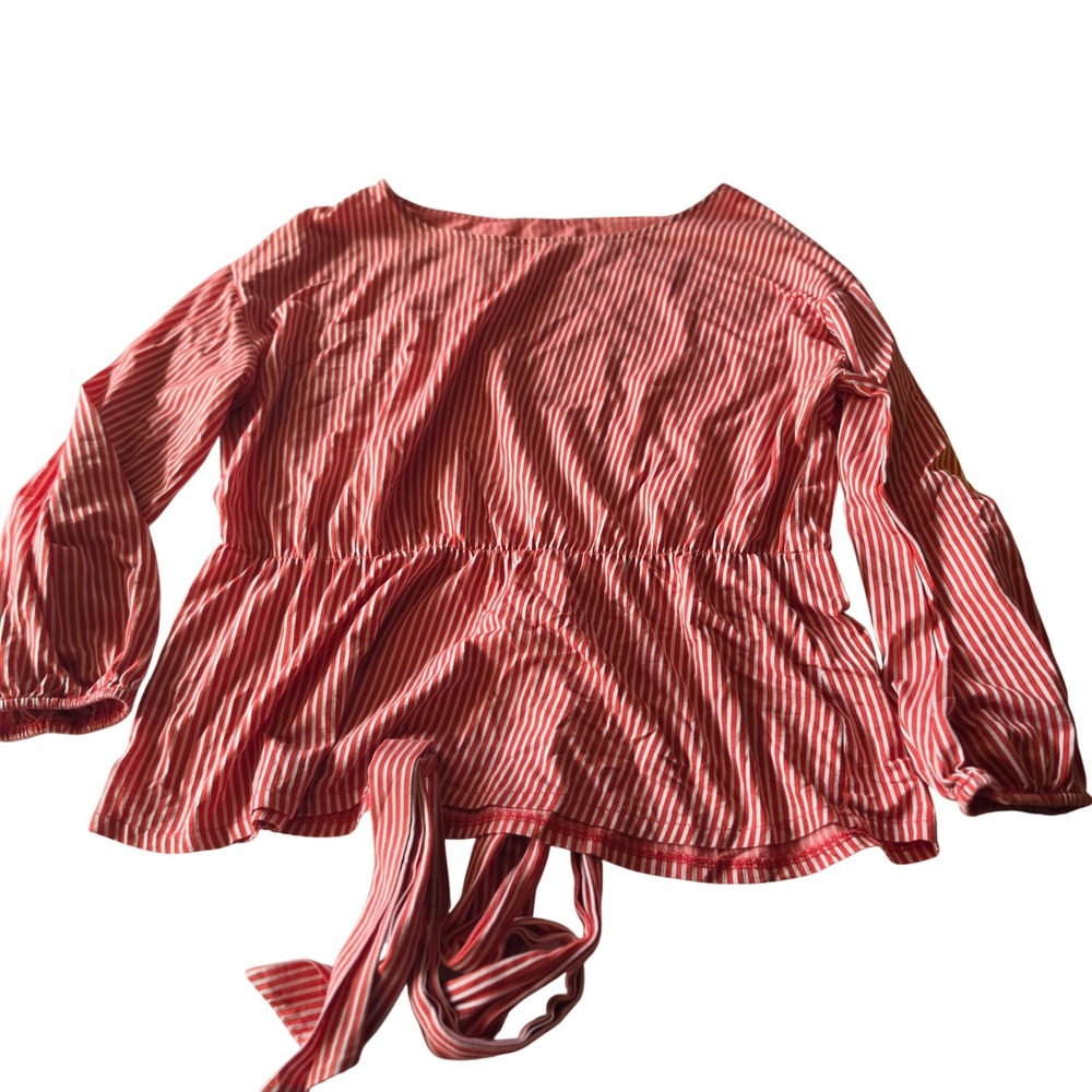 Ann Taylor Red White Striped Peplum Tie Back Blouse Top Size M Long Sleeve